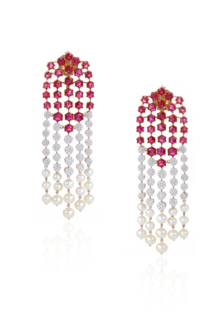 Scarlet Symphony: Ruby and Pearl Cascade Earrings
