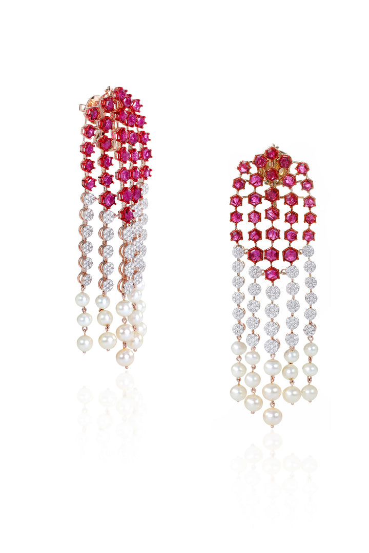 Scarlet Symphony: Ruby and Pearl Cascade Earrings